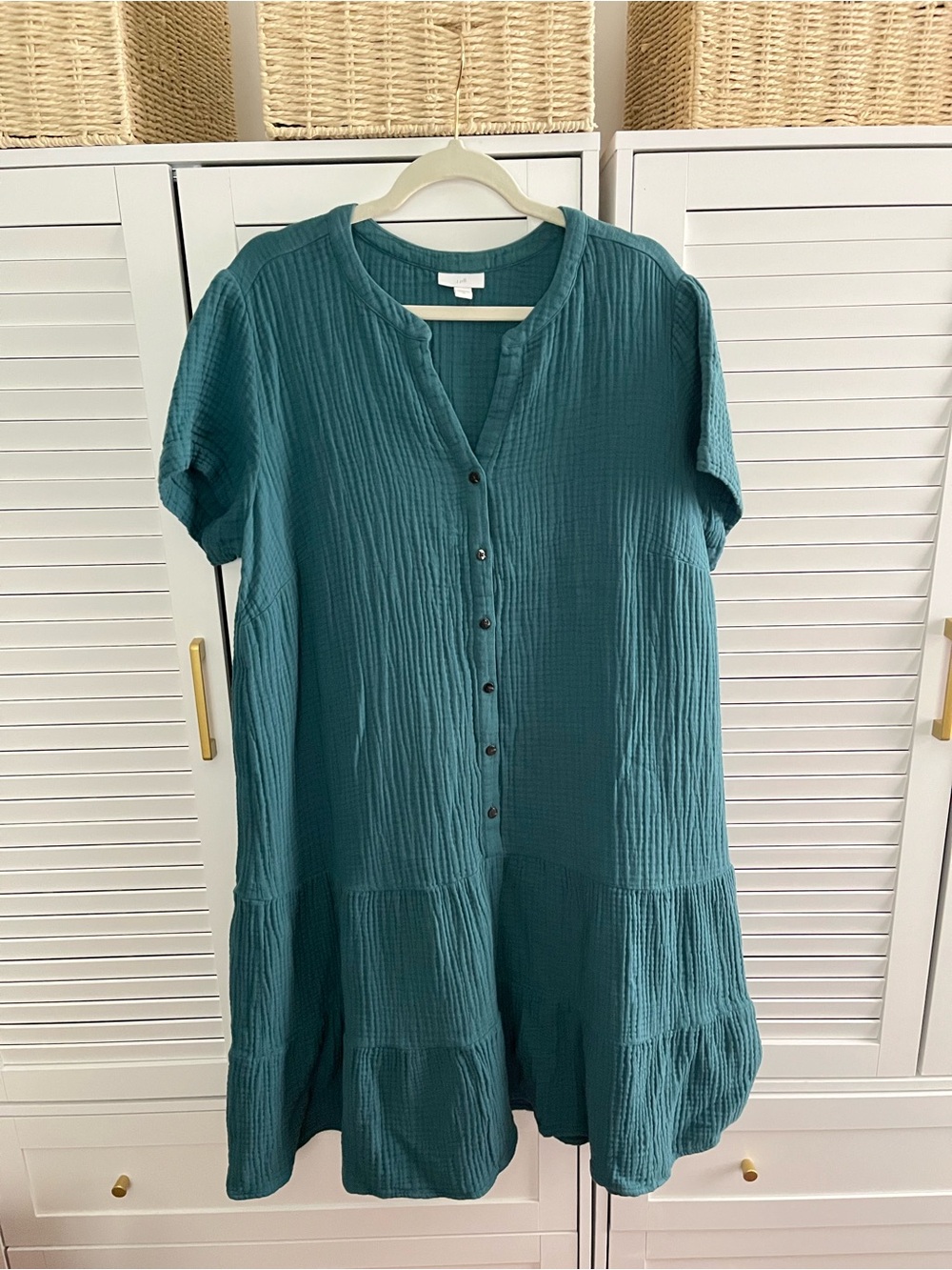 J Jill Dress Women XL Blue Gauze Tiered Button Front Short Sleeve Coastal Beach